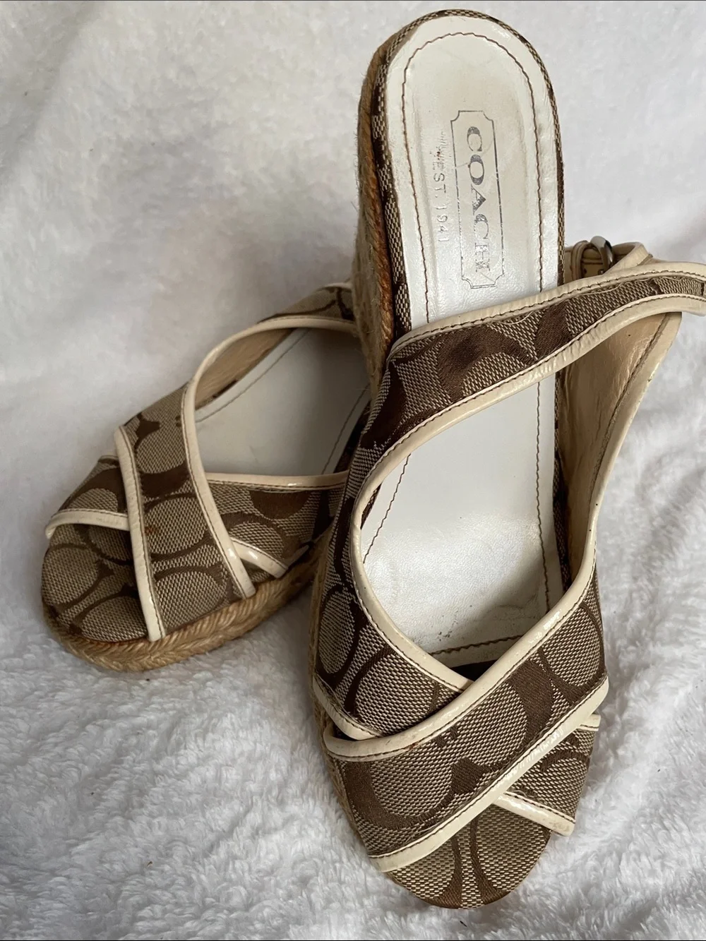 Coach Beige and Brown Signature Canvas Wedge Sandals